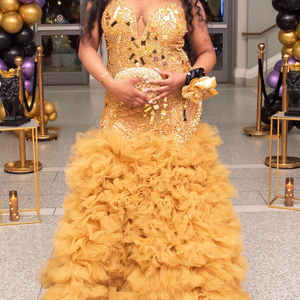 Gold Sequin Gown with Ruffled Train